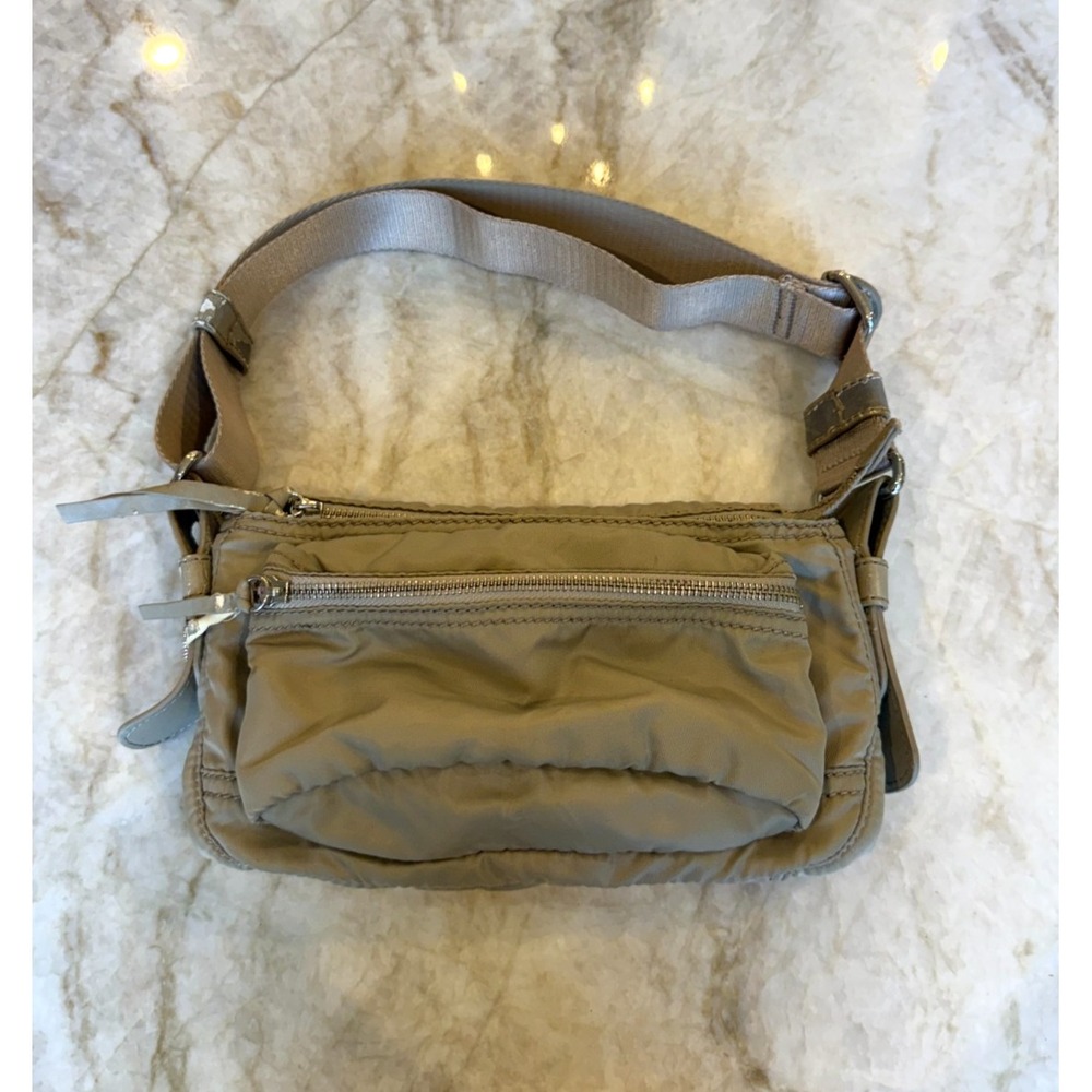Vintage Lacoste Nylon Baguette Shoulder Bag; Pockets; Tan; Alligator Zip Pull